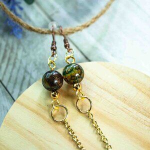 Emerald Green Agate Bead Dangle Earrings with Gold Chain